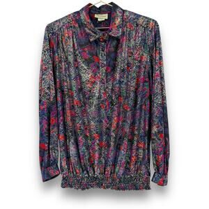 Vintage 1970s Lady Diplomat Abstract Print Shimmer Metallic Blouse, Size 14